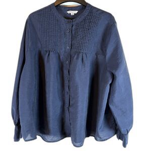 Ophelia Roe 2X Navy Long Sleeve Pleated Button Front Blouse Classic Minimalist